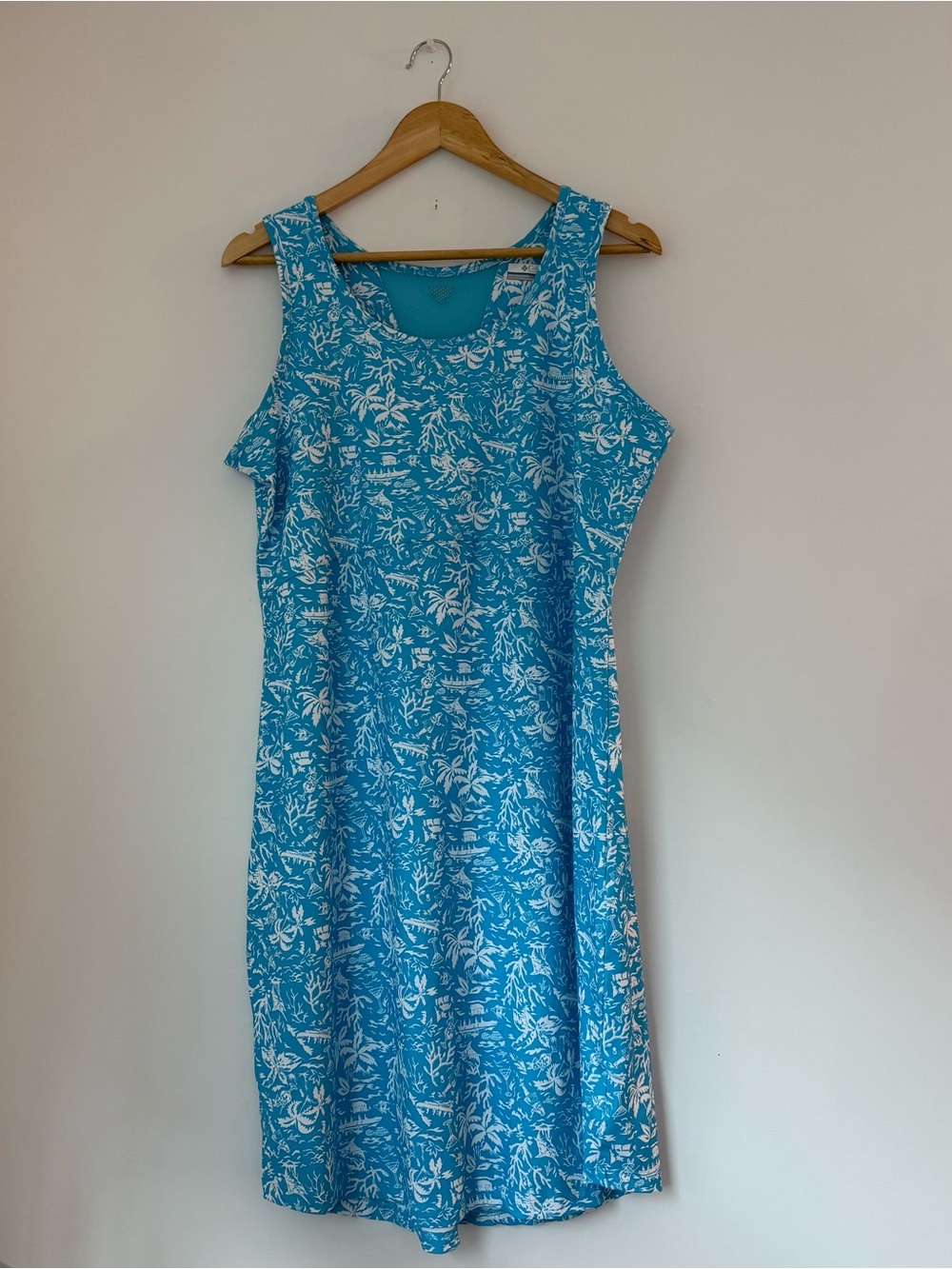 Columbia PFG Freezer III Dress Women’s XL Ocean Blue Tropical Palm Print Blue